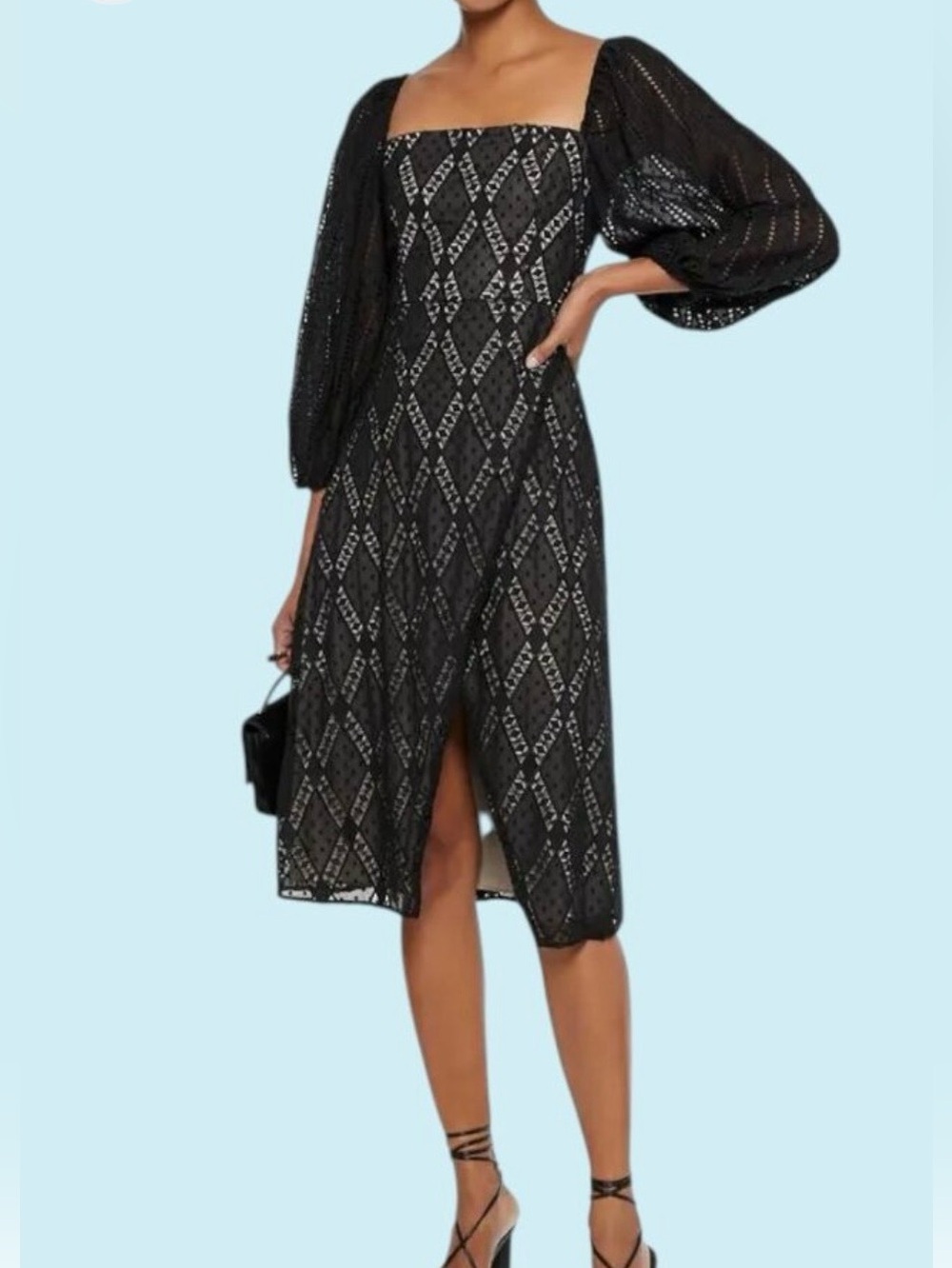 Alice + Olivia Black Diamond Lace Puff-Sleeve Midi Dress